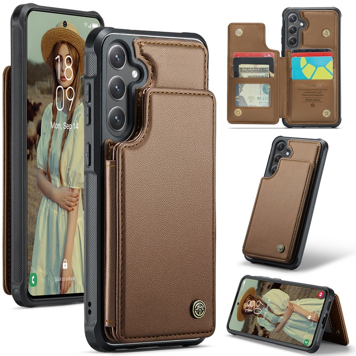 Husa pentru Samsung Galaxy S25 FE, CaseMe, piele cu textura moale si aderenta in mana, back cover, slot carduri, functie stand, protectie RFID, Maro