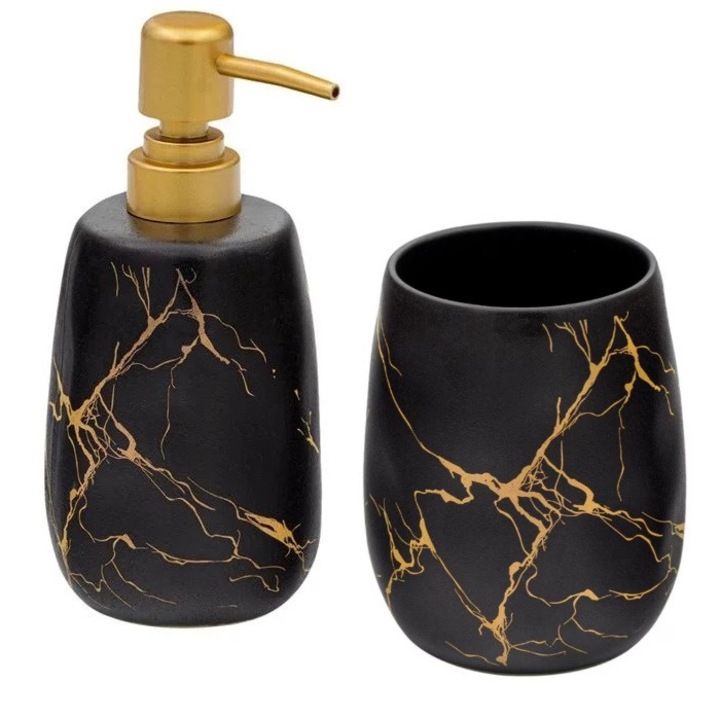 Set accesorii baie din ceramica, recipient sapun lichid, suport periute dinti, BREZIUM