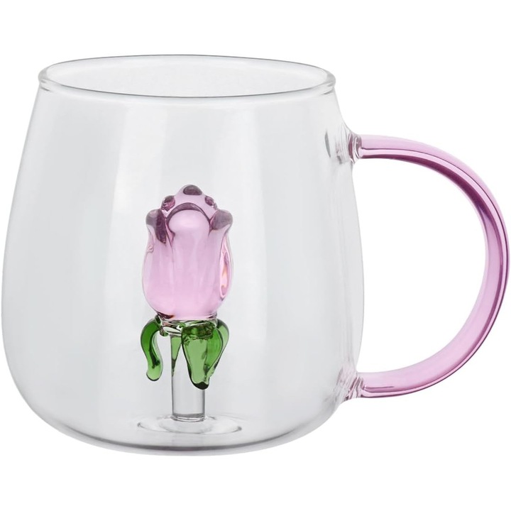 Cana 3D cu trandafir din sticla termorezistenta, Aurov®, pentru ceai si cafea, 280 ml, Transparenta