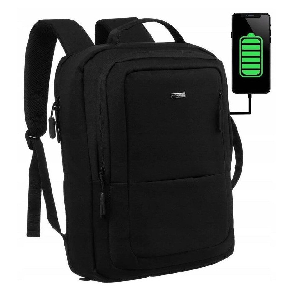 Ghiozdan de calatorie Peterson cu compartiment pentru laptop, port USB, 40x30x11cm, negru