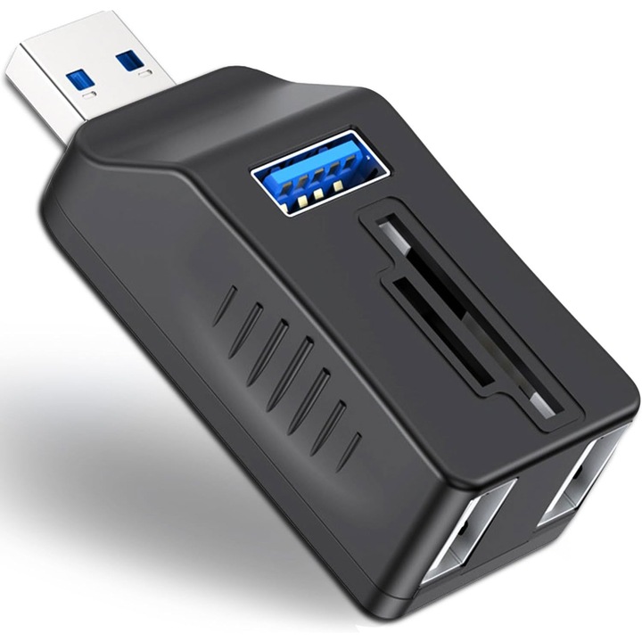 USB 3.0 хъб с 5 порта, RASK, четец за SD/TF карти, черен