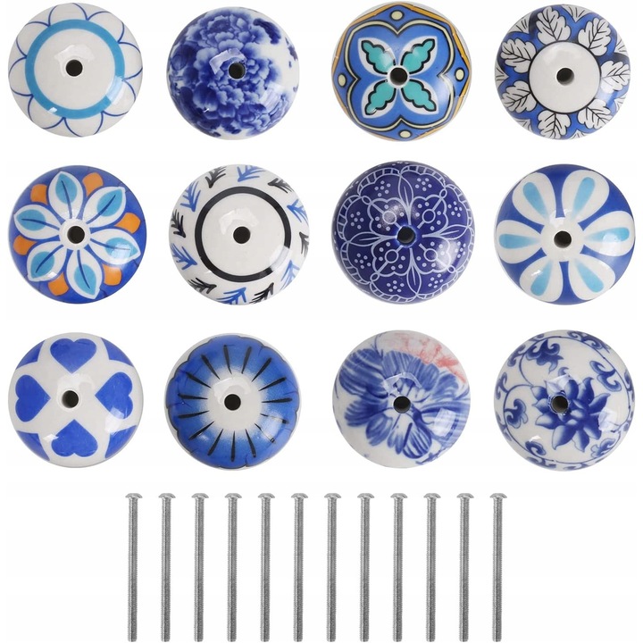 Set 12 manere ceramice vintage, dimensiuni 40x65mm, diverse modele, pentru usi de 3,2-5,5mm