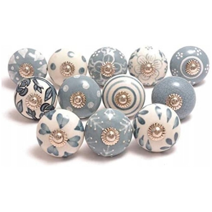 Set 12 butoane ceramice handmade, Luka, model etnic, alb-negru, pentru usi si sertare