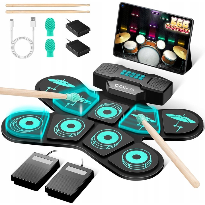 Tobe de percutie, electronice, pentru copii, 9 pad-uri, 2 pedale, stereo, 2000 mAh, set complet