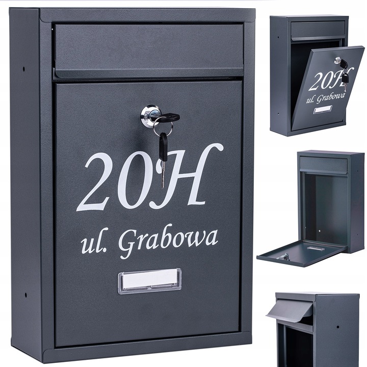 Antracit színű postaláda, Luka, személyre szabott, rozsdamentes acél, 32x21,5x8,5cm, kulccsal zárható