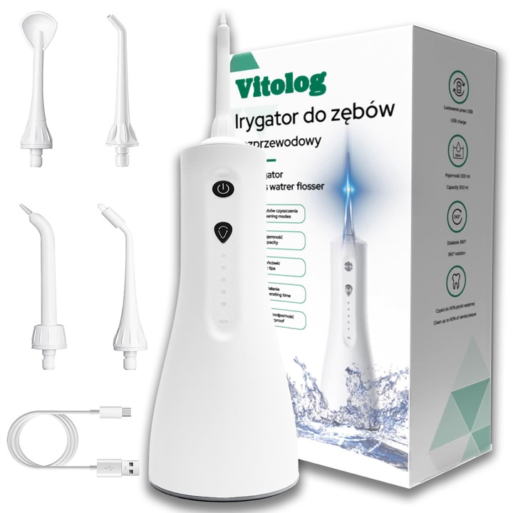 Vitolog Vezeték nélküli fogöblítő, 5 üzemmód, 4 fejjel, fehér, 21x8,5x7,2 cm