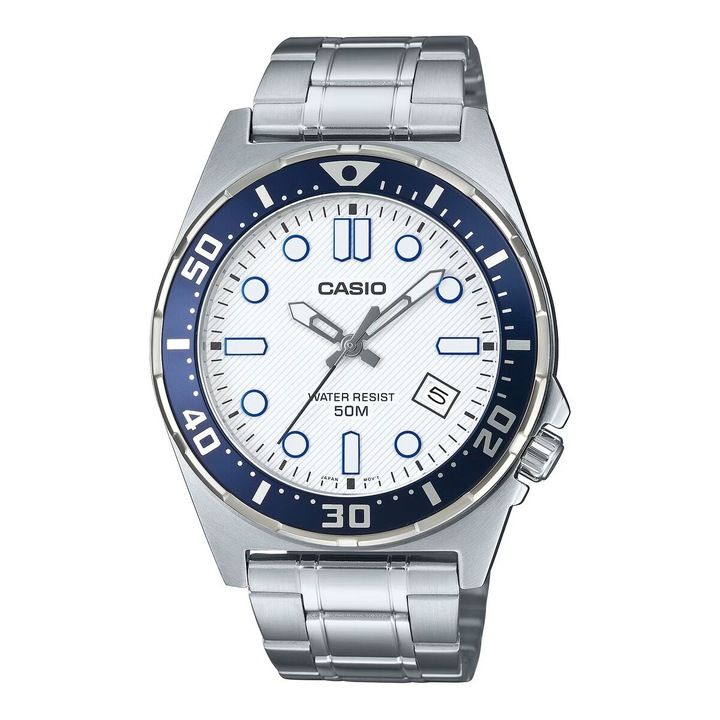 Ceas barbatesc, Casio Diver, inox, 43.5mm, argintiu/albastru