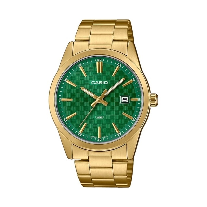Ceas barbatesc Casio COLLECTION, auriu, verde, 41mm, bratara metalica, rezistent la apa 3 atm