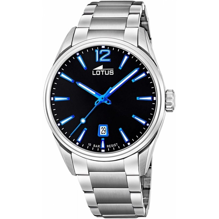 Ceas barbatesc, Lotus 18692/6, argintiu, bratara inox, cadran albastru, mecanism quartz