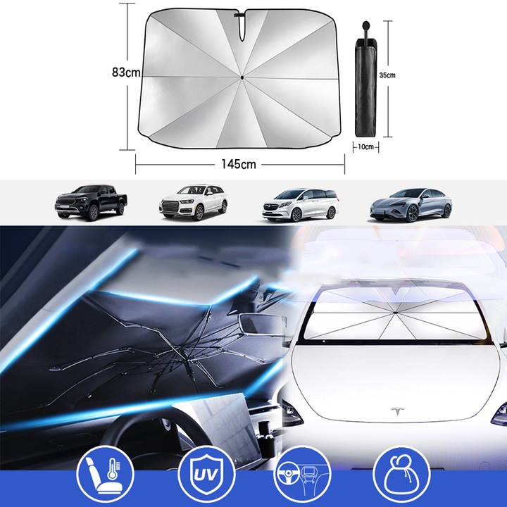 Сенник тип чадър за предно стъкло, Сгъваем, 145x83 см, Черен