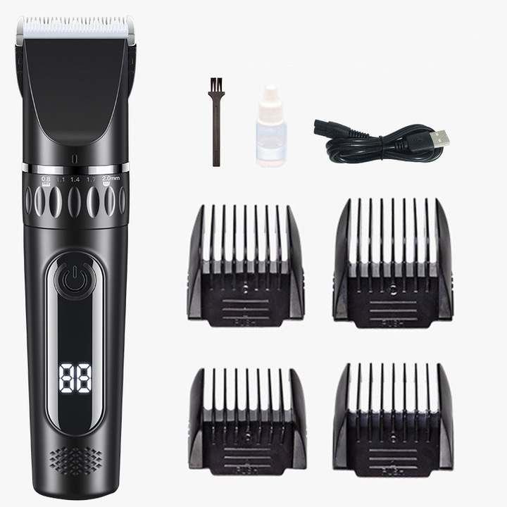 Masina de tuns animale, pentru caini, pisici, Display LED, 1800mah, incarcare USB, 2 viteze, 6000-6500±5% RPM, TOIITKQ, Negru