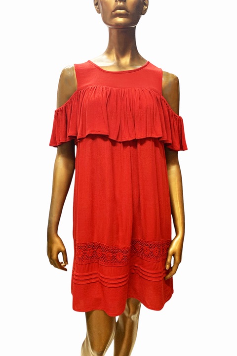 Rochie de dama ETAM R Magda 475482-RD-40 90-37, Umeri descheiati cu volane, Decolteu oval, 40, Rosu caramiziu