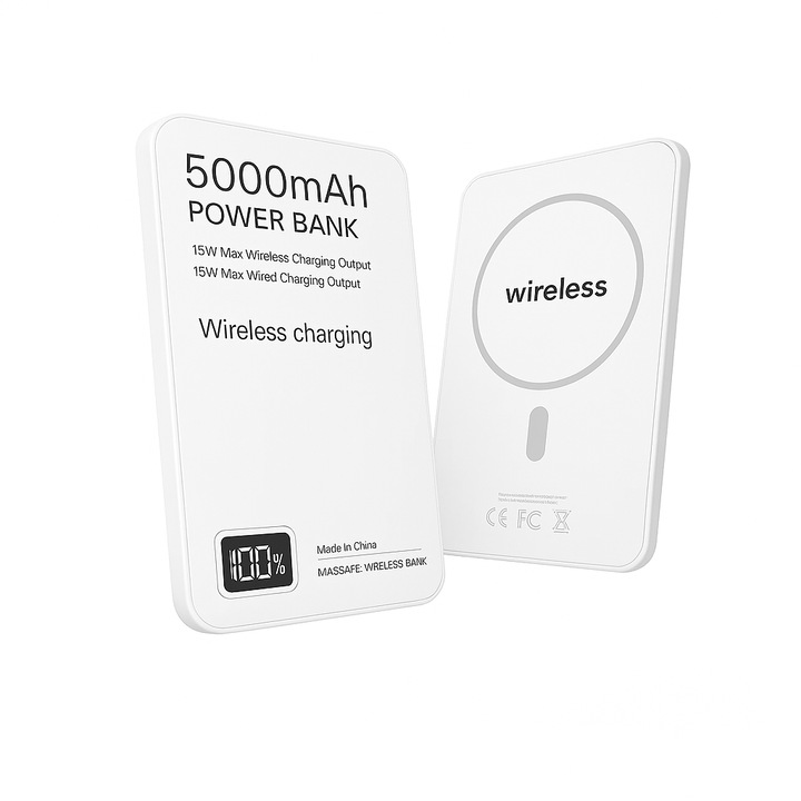 Външна батерия / Power Bank Magnetic Wireless 5000mAh, ултратънка 0.8 см, дигитален дисплей, бързо зареждане 15W, 120 г, съвместима с MagSafe, за iPhone / Samsung / Xiaomi / Huawei, бяла