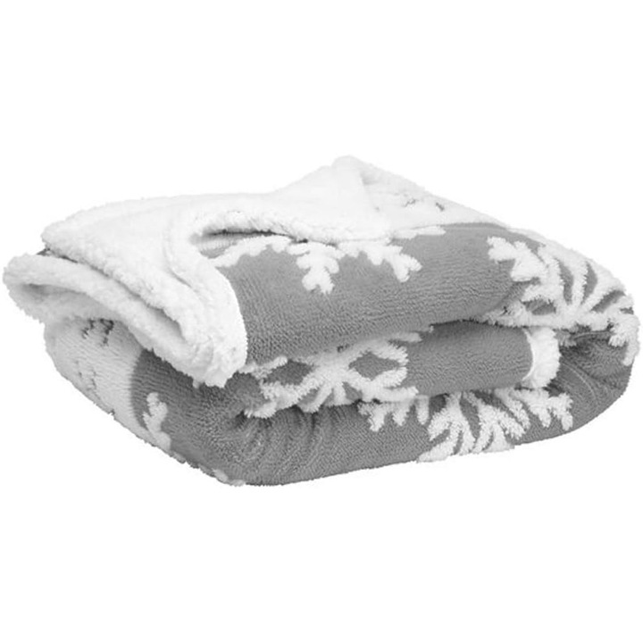 Patura pfuoasa, ideala pentru sezonul rece, 155 x 200 cm, model cu fulgi de zapada, culoare alb si gri
