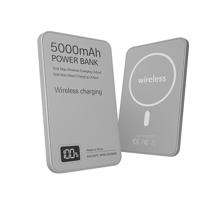 Külső akkumulátor / Power Bank Mágneses Vezeték Nélküli 5000mAh, Ultravékony 0,8 cm, Digitális Kijelző, Gyors Töltés 15W, 120g, MagSafe Kompatibilis, iPhone / Samsung / Xiaomi / Huawei készülékekhez, Szürke