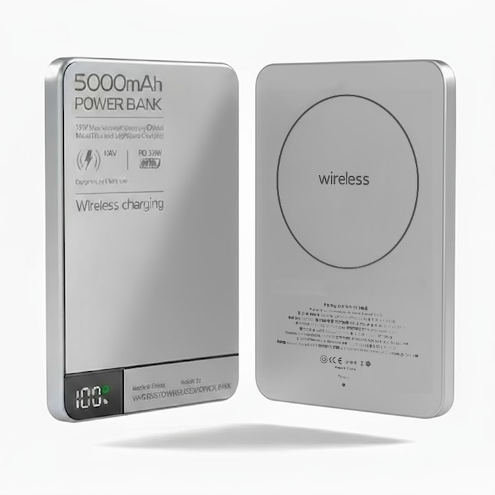 Външна батерия / Power Bank Magnetic Wireless 5000mAh, ултратънка 0.8 см, дигитален дисплей, бързо зареждане 15W, 120 г, съвместима с MagSafe, за iPhone / Samsung / Xiaomi / Huawei, сива