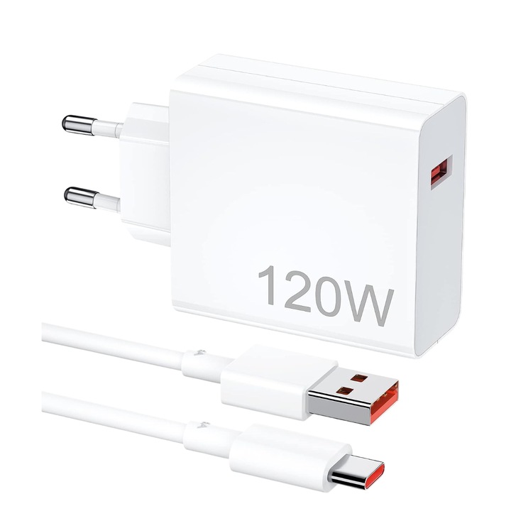 Incarcator Fast Charge Type-C 120W, compatibil cu Xiaomi si Redmi, Cu cablu de date USB Type-C de 1M, Alb