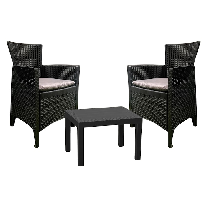 Комплект градински/терасни мебели, Progarden, Forest, 3 части, полипропилен, антрацит, 2 стола 59x57x85.5 см, маса 59x56x40 см, с включени възглавници