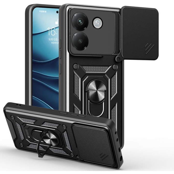 Husa pentru Poco M7 Pro 5G Ring Armor Kickstand Tough Rugged Cover cu protectie camera Negru
