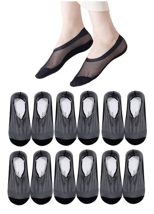 Sosete dama, set 6 perechi, tul scurte, Silicon anti-alunecare Respirabil, Absorbant de transpiratie, Elasticitate, Nylon/Bumbac, One Size Wide INTL, Negru