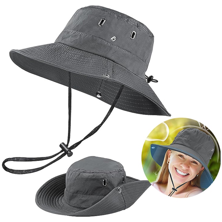 Palarie de drumetie cu protectie solara, UPF50+, cu boruri late, dimensiune ajustabila, pentru barbati si femei, 54-60 cm, Gri