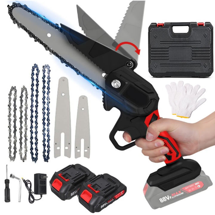Mini ferastrau cu lant Electric, 800W 88V, Motor fara peri, 2 baterii de 2000 mAh, 2 lanturi de 4 inch + 2 lanturi de 6 inch, Include 1 pereche de manusi si o cutie de depozitare, Rosu