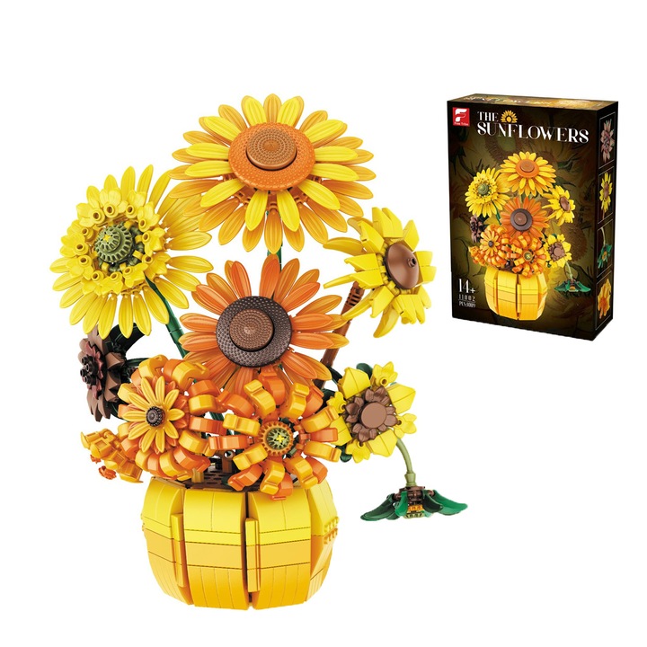Комплект за сглобяване на букет от слънчогледи, 1009 части, с ваза, за декорация на дома, идеални подаръци за Деня на майката, годишнина, рожден ден, жълт