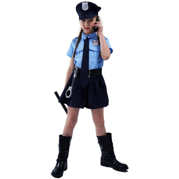 Costum copii Politista, XGETOP®, rochie, centura, cravata, sapca, albastru, L, 10-12 ani