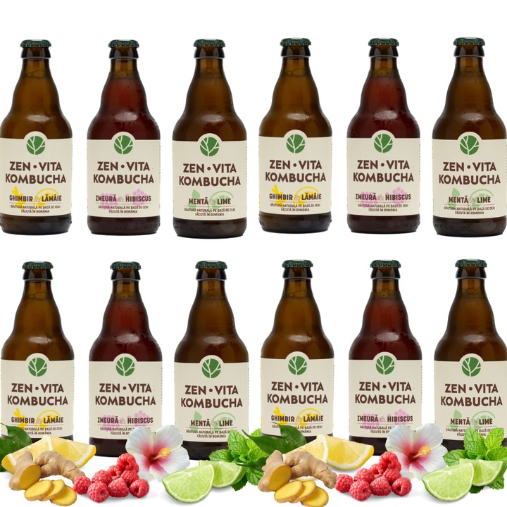 Kombucha, Set 12 sticle x 330 ml, Zenvita, mix arome, nepasteurizat (RAW)
