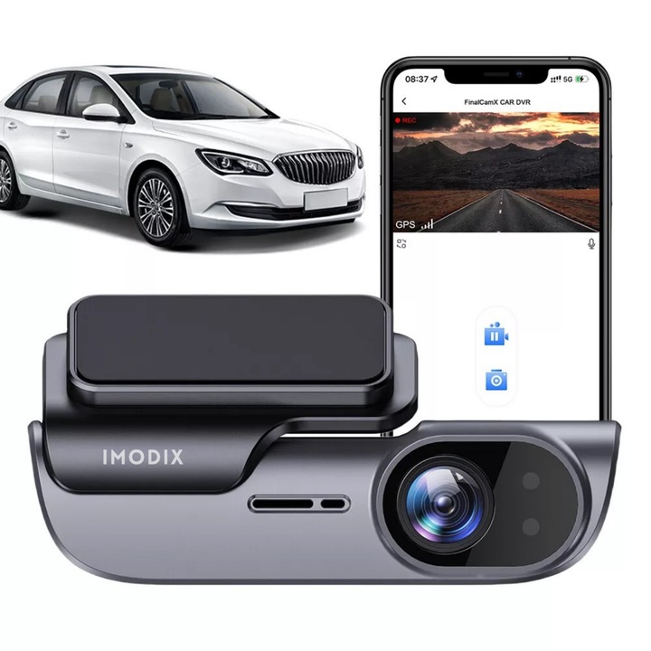 Автомобилна камера за видеонаблюдение, IMODIX®, 4K UHD, резолюция 3840x2160, Wi-Fi, нощно виждане, 170° широкоъгълен ъгъл, G-сензор, детектор на движение, цикличен запис, приложение за телефон, K05, черен