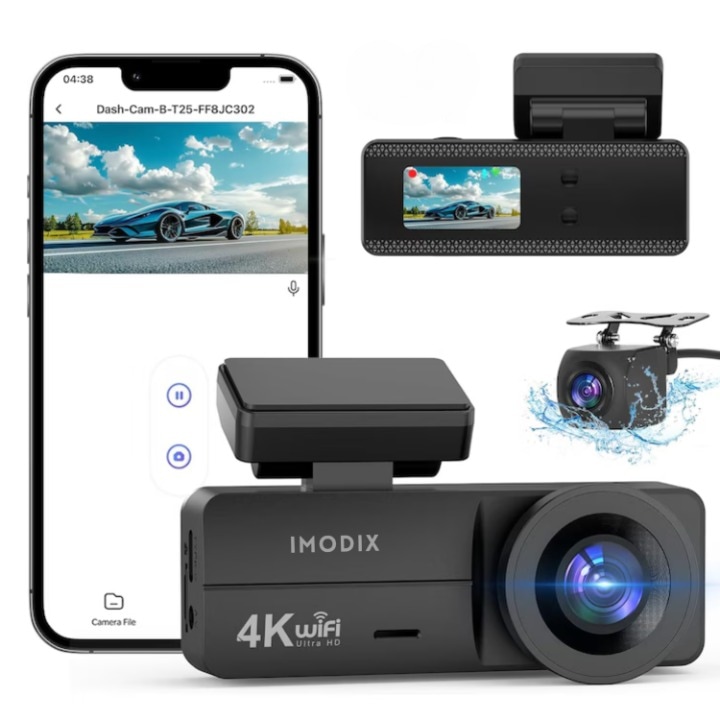 Автомобилна камера за видеонаблюдение, IMODIX®, 4K UHD, резолюция 3840x2160, Wi-Fi, нощно виждане, 170° широкоъгълен ъгъл, 1.47-инчов екран, G-сензор, детектор на движение, цикличен запис, приложение за телефон, K02, черен