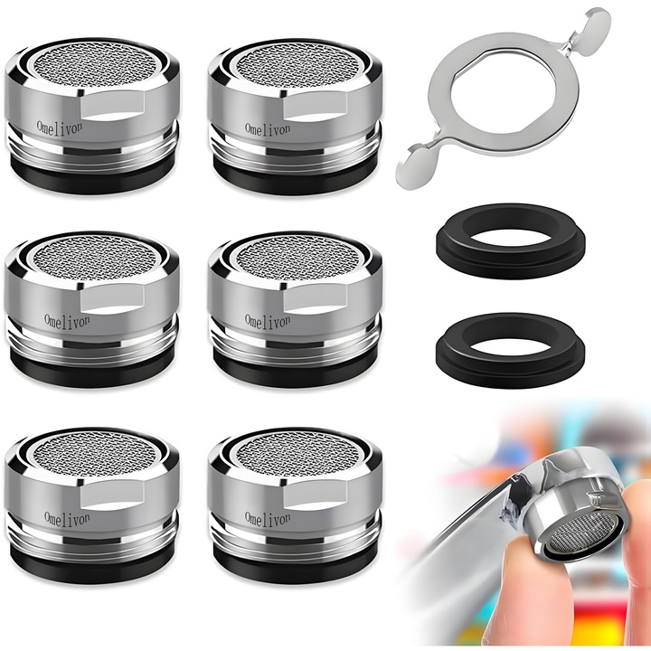 Комплект от 6 аератора за кран, с ключ и уплътнение, Omelivon, дебит на водата 12-15 л/мин, функция филтрация, неръждаема стомана/ABS, сребрист