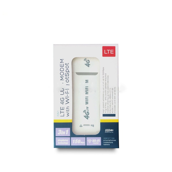 Преносим рутер, 4G LTE USB 150Mbps мобилна точка за достъп - слот за SIM карта, интернет връзка за до 10 устройства, идеален за пътуване, отдалечени офиси или студенти (бял)