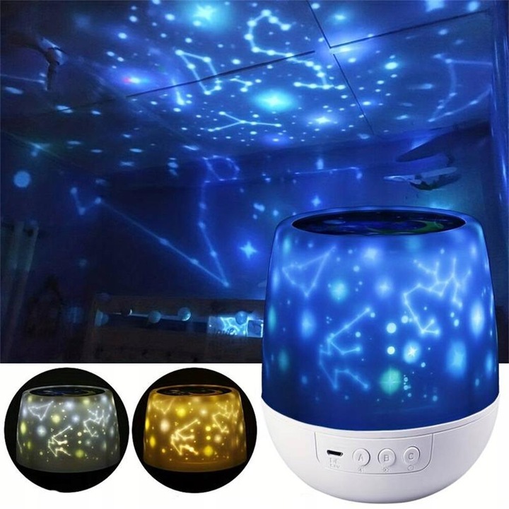 Lampa de veghe, proiector cu Bluetooth, 3 Tonuri de Lumina, Alimentare prin USB sau baterii AA, 6 seturi de proiectie, 13 cm x 13 cm x 13 cm, Alb