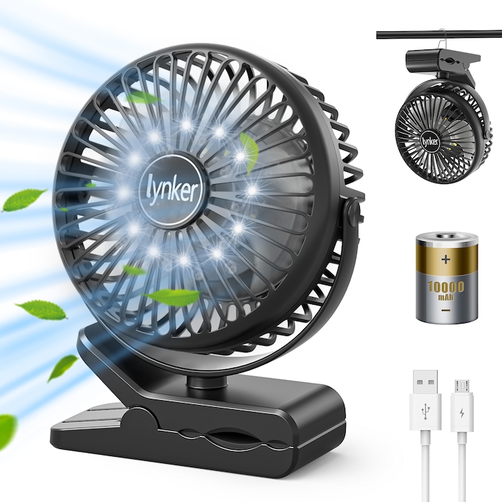 Hordozható asztali ventilátor, 3 sebességfokozat, csíptető, 10000 mAh akkumulátor, világításhoz használható, kempingezéshez/piknikhez/túrázáshoz/irodába/strandra, fekete