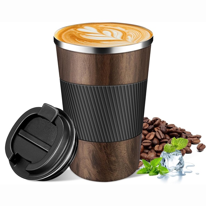 Cana termica de cafea, IMOUNTOP®, Din inox, Cu pereti dubli si capac, Rezistent la rugina si la scurgeri, Pastreaza Bautura Fierbinte sau Rece timp, pentru cafea, ceai, ciocolata calda, lapte, Capacitate 380 ml, Lemn
