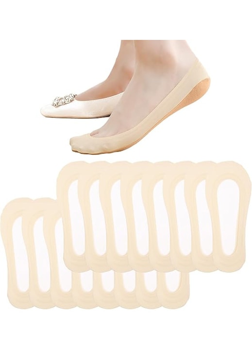 Sosete dama, set 8 perechi, Invizibile scurte, Silicon anti-alunecare Respirabil, Absorbant de transpiratie, Elasticitate, Nylon/Spandex/Bumbac, One Size Wide INTL, Bej