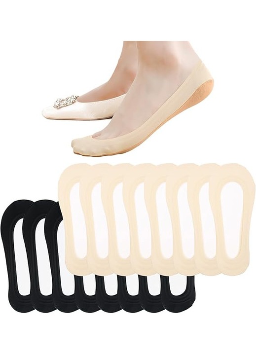 Sosete dama, set 8 perechi, Invizibile scurte, Silicon anti-alunecare Respirabil, Absorbant de transpiratie, Elasticitate, Nylon/Spandex/Bumbac, One Size Wide INTL, Multicolor