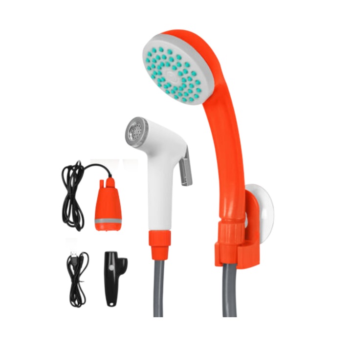 Преносим душ, за къмпинг, освежаващи душове навсякъде, дебит 3 л/мин, батерия 2200 mAh, зареждане през USB, маркуч 1,5 м, бял/оранжев