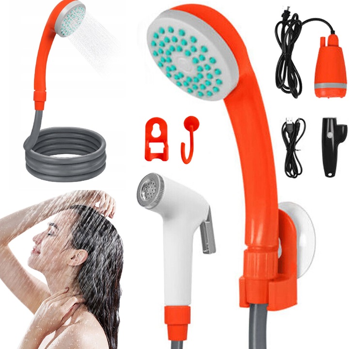 Преносим душ, Bedee, дебит 3л/мин, батерия 2200 mAh, USB зареждане, маркуч 1.5м, за къмпинг, освежаващи душове навсякъде, Бял/Оранжев
