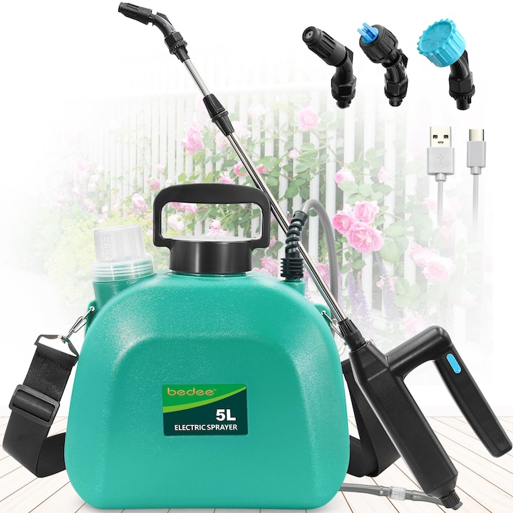 Pompa de stropit electrica, 5 L, teava de apa de 1, 5 m, 3 duze incluse, curele reglabile, Potrivit pentru udarea florilor, plivirea buruienilor, fertilizarea, pulverizarea ingrasamintelor sau erbicidelor, Verde