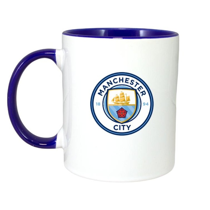 Cana cu logo/stema echipei de fotbal Manchester City Anglia, Cri-Flo, Ceramica, 330ml, Maner si interior Albastru