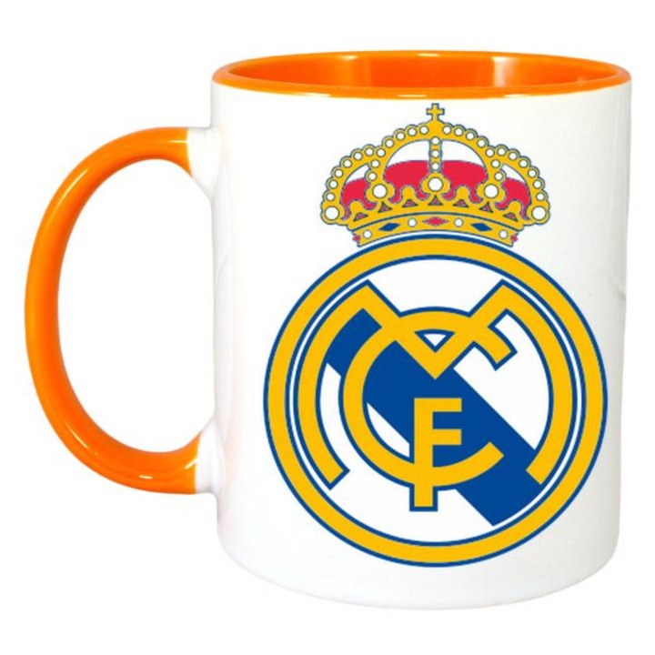 Cana cu logo/stema echipei de fotbal Real Madrid CF Spania, Cri-Flo, Ceramica, 330ml, Maner si interior Portocaliu
