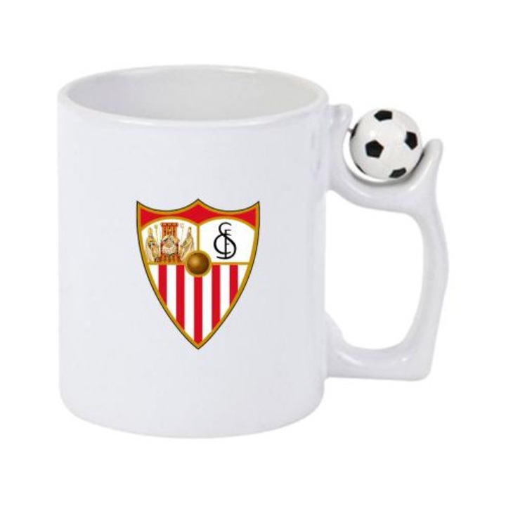 Cana cu logo/stema echipei de fotbal Sevilla FC Spania, Cri-Flo, Ceramica, 330ml, Minge rotativa antistres, Maner si interior Alb-Negru