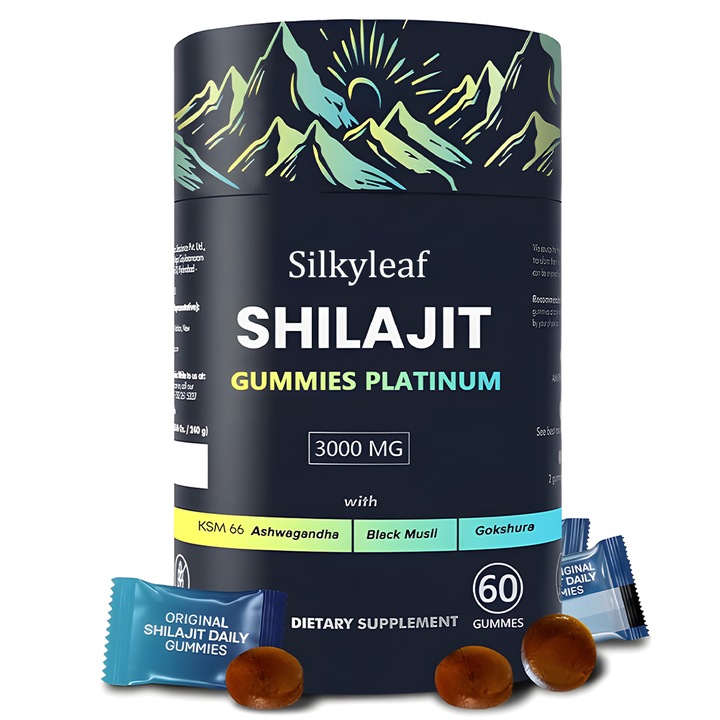 Supliment Alimentar, Silkyleaf®, 3000mgRasina Pura de Shilajit / Mumijo Pentru Energie, Somn Linistit si Concentrare, Trace Minerals Gummies Pentru Barbati si Femei, Fara Zahar, 60 de boabe