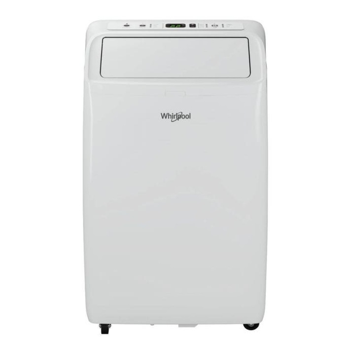 Преносим Климатик Whirlpool, Обезвлажняване, Таймер, Самопочистване, Нощен Режим, 12000 BTU, A, Въздушен Поток 280 Mc/H, С Дистанционно Управление, 442 X 326 X 718 Мм, Бял