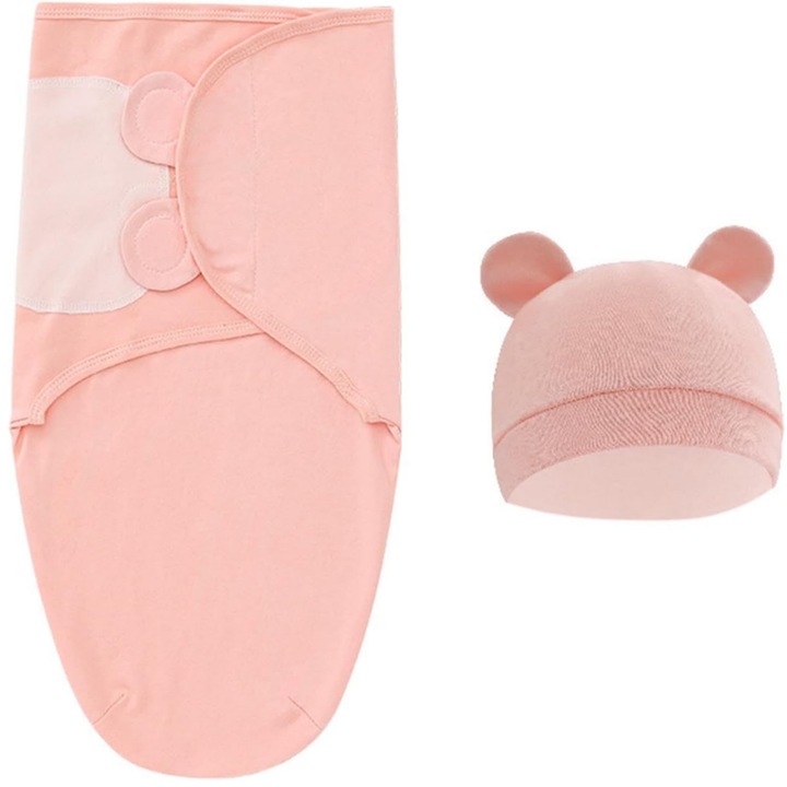 Set sac de dormit cu patura si palarie bebelusi, MzcrJosv®, reglabil, 0-12luni, bumbac, roz, 50x70cm