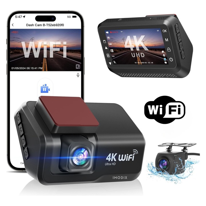 Автомобилна видеорегистратор, IMODIX®, Задна камера, 4K UHD, Резолюция 3840x2160, 3-инчов LCD дисплей, Wi-Fi, Нощно виждане, 170° широкоъгълен ъгъл, G-сензор, Детектор на движение, Цикличен запис, Приложение за телефон, S8, Черен