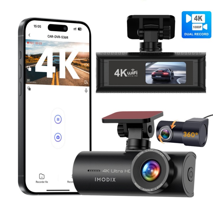 Автомобилна видеорегистратор, IMODIX®, Камера за задно виждане, 4K UHD, Резолюция 3840x2160, 1.47-инчов LCD дисплей, Wi-Fi, Нощно виждане, 150° широкоъгълен ъгъл, G-сензор, Детектор на движение, Цикличен запис, Приложение за телефон, V37, Черен