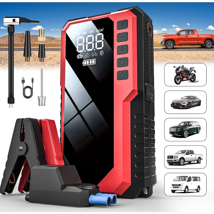 Starter Auto 5 in 1, Hesasa®, 12V, curent maxim 5000A, Truck Power, Lanterna, Powerbank USB, Clesti inteligenti si husa transport incluse, Suporta pana la 10,0 litri motor pe benzina/8,0 litri motor diesel, Rosu